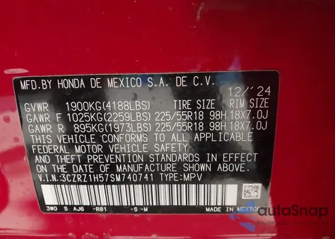 2025 Honda Hr-V 2Wd Sport z USA, uszkodzony, nr VIN 3CZRZ1H57SM740741